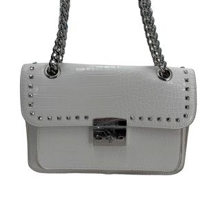 Badgley Mischka Crossbody/Shoulder Chain White‎ Vegan Leather Studded Croco Bag